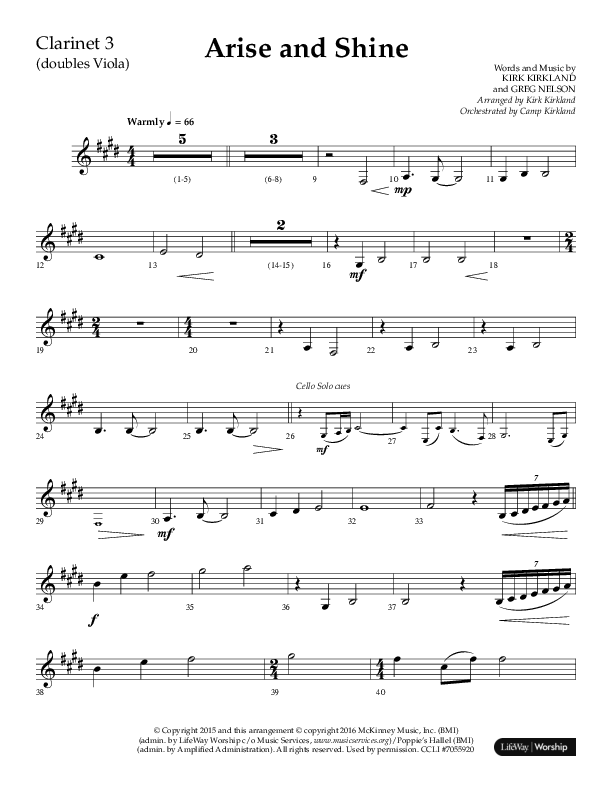 Arise And Shine (Choral Anthem SATB) Clarinet 3 (Lifeway Choral / Arr. Kirk Kirkland / Orch. Camp Kirkland)