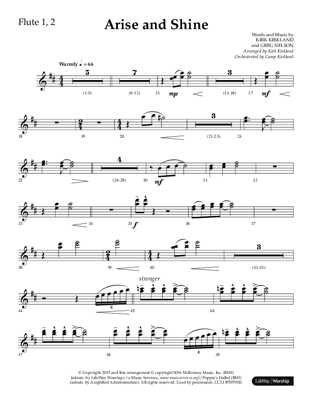 Arise And Shine (Choral Anthem SATB) Flute 1/2 (Lifeway Choral / Arr. Kirk Kirkland / Orch. Camp Kirkland)