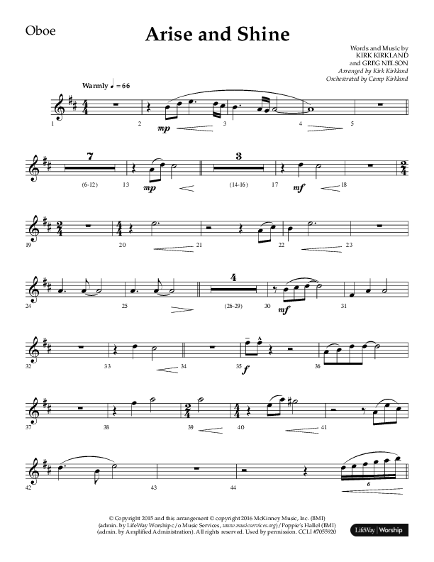 Arise And Shine (Choral Anthem SATB) Oboe (Lifeway Choral / Arr. Kirk Kirkland / Orch. Camp Kirkland)