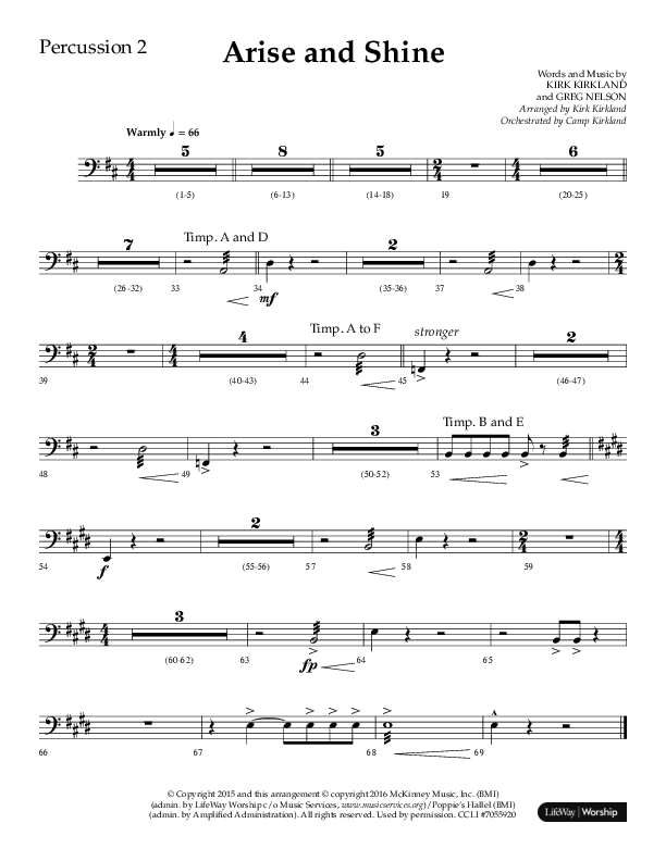 Arise And Shine (Choral Anthem SATB) Percussion 1/2 (Lifeway Choral / Arr. Kirk Kirkland / Orch. Camp Kirkland)