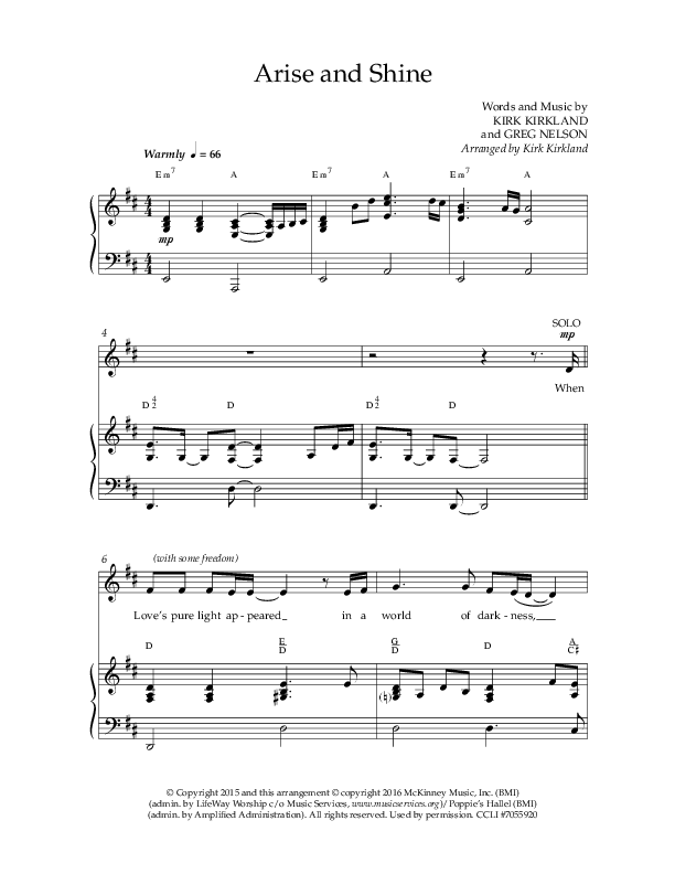 Arise And Shine (Choral Anthem SATB) Anthem (SATB/Piano) (Lifeway Choral / Arr. Kirk Kirkland / Orch. Camp Kirkland)
