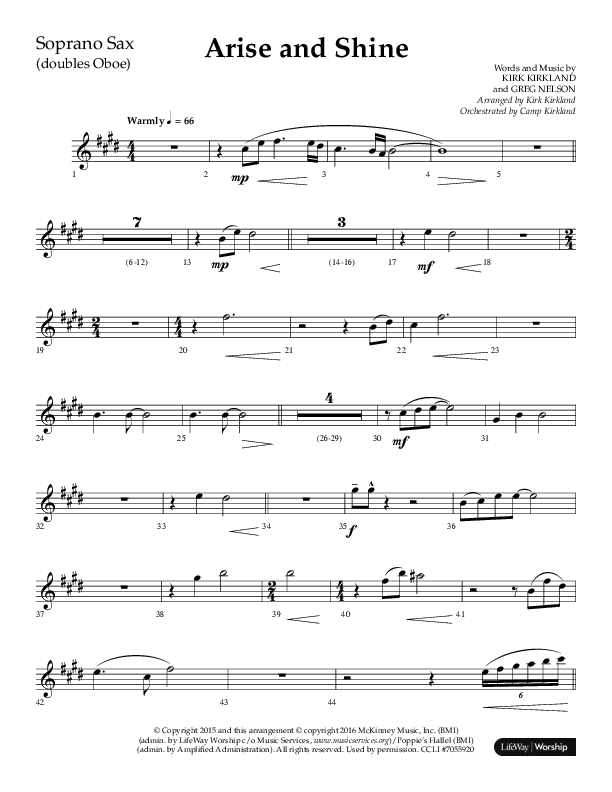 Arise And Shine (Choral Anthem SATB) Soprano Sax (Lifeway Choral / Arr. Kirk Kirkland / Orch. Camp Kirkland)