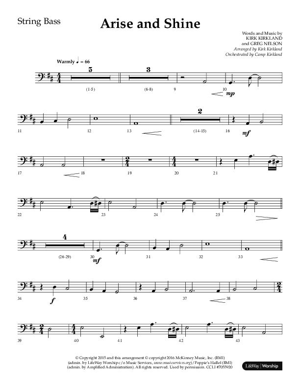 Arise And Shine (Choral Anthem SATB) String Bass (Lifeway Choral / Arr. Kirk Kirkland / Orch. Camp Kirkland)