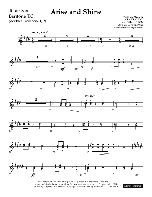 Arise And Shine (Choral Anthem SATB) Tenor Sax/Baritone T.C. (Lifeway Choral / Arr. Kirk Kirkland / Orch. Camp Kirkland)