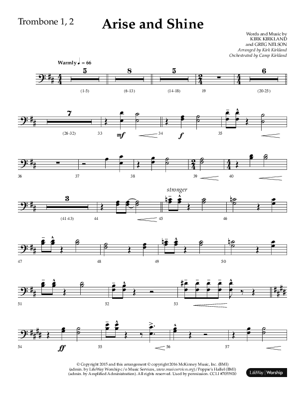 Arise And Shine (Choral Anthem SATB) Trombone 1/2 (Lifeway Choral / Arr. Kirk Kirkland / Orch. Camp Kirkland)