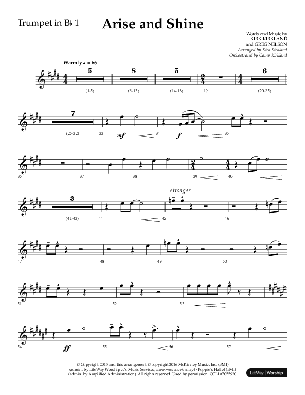 Arise And Shine (Choral Anthem SATB) Trumpet 1 (Lifeway Choral / Arr. Kirk Kirkland / Orch. Camp Kirkland)
