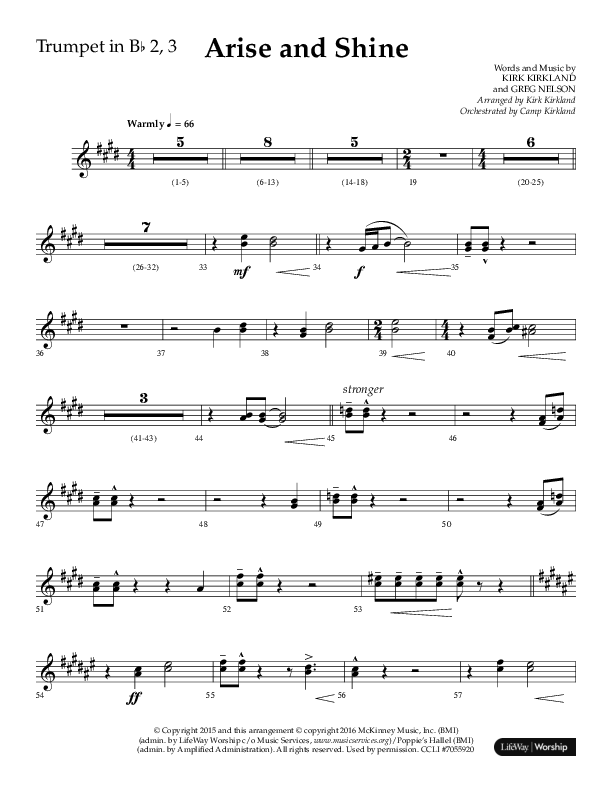 Arise And Shine (Choral Anthem SATB) Trumpet 2/3 (Lifeway Choral / Arr. Kirk Kirkland / Orch. Camp Kirkland)