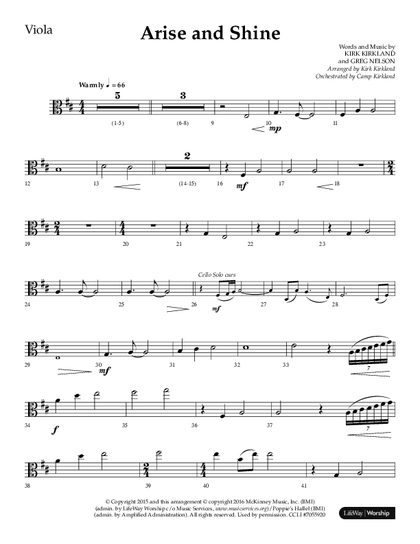 Arise And Shine (Choral Anthem SATB) Viola (Lifeway Choral / Arr. Kirk Kirkland / Orch. Camp Kirkland)