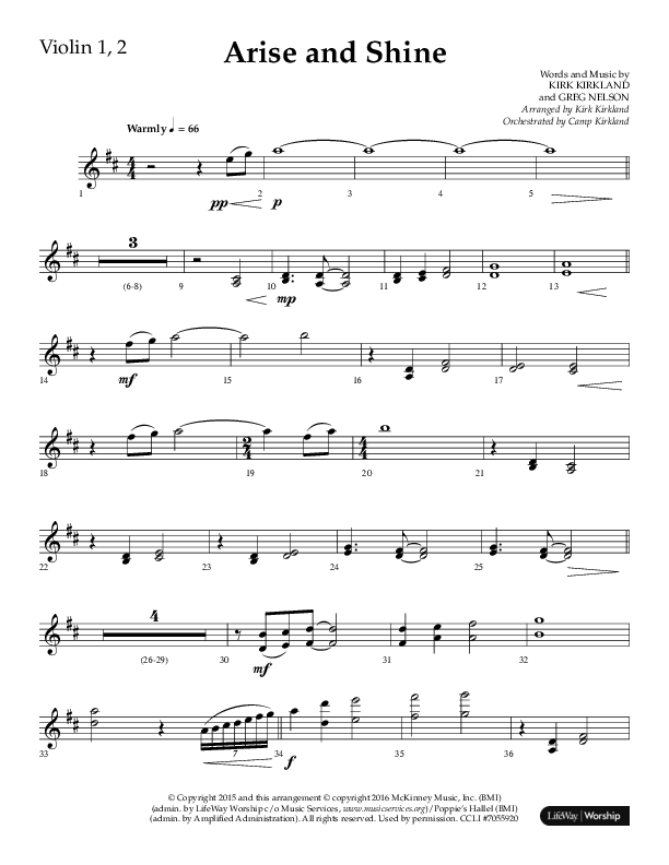 Arise And Shine (Choral Anthem SATB) Violin 1/2 (Lifeway Choral / Arr. Kirk Kirkland / Orch. Camp Kirkland)