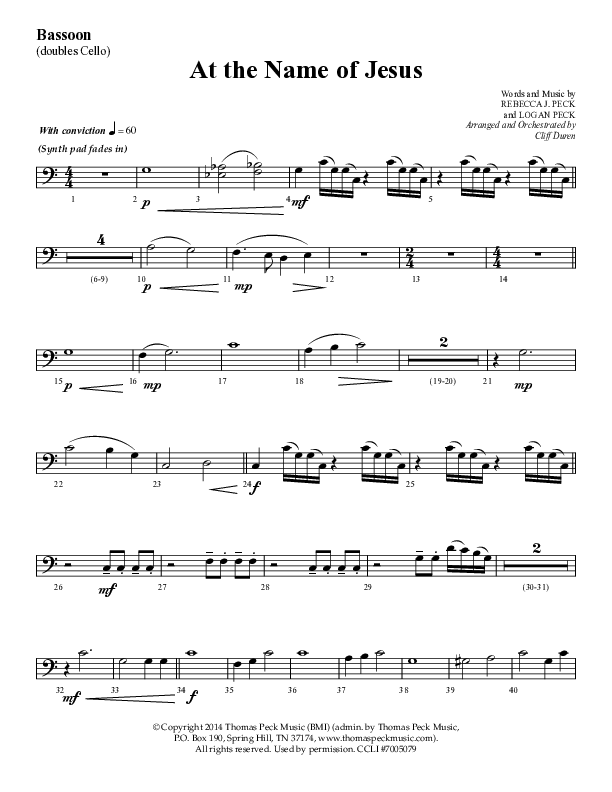 At The Name Of Jesus (Choral Anthem SATB) Bassoon (Lifeway Choral / Arr. Cliff Duren)