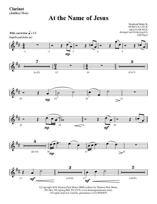 At The Name Of Jesus (Choral Anthem SATB) Clarinet (Lifeway Choral / Arr. Cliff Duren)