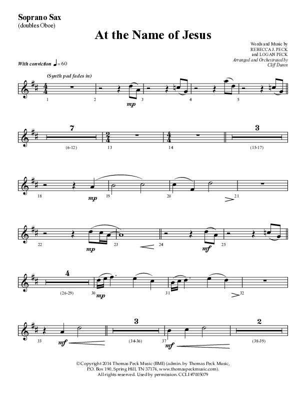 At The Name Of Jesus (Choral Anthem SATB) Soprano Sax (Lifeway Choral / Arr. Cliff Duren)