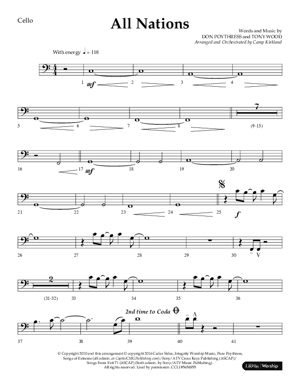 All Nations (Choral Anthem SATB) Cello (Lifeway Choral / Arr. Camp Kirkland)