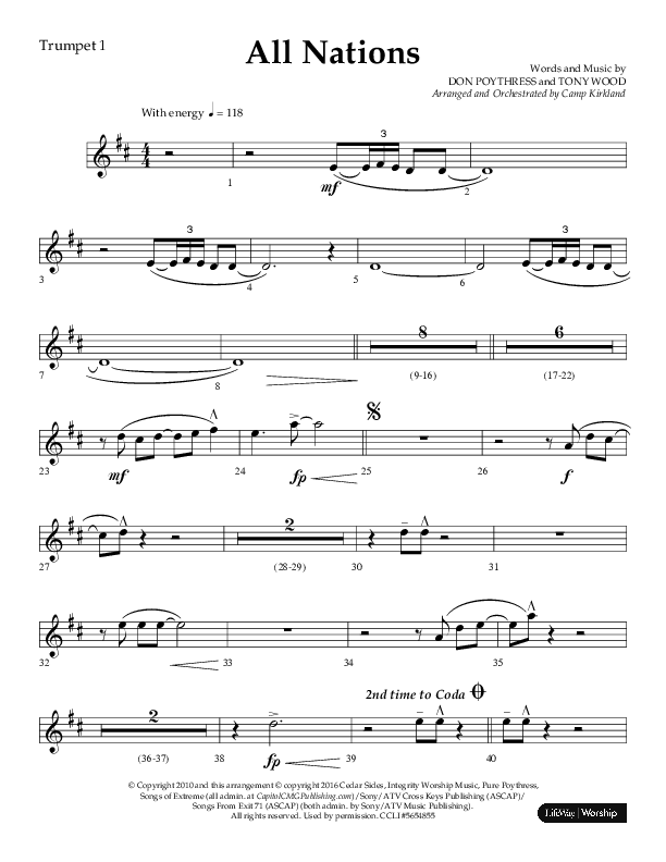 All Nations (Choral Anthem SATB) Trumpet 1 (Lifeway Choral / Arr. Camp Kirkland)