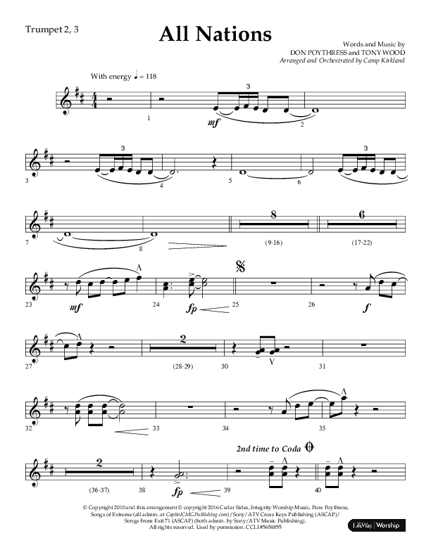 All Nations (Choral Anthem SATB) Trumpet 2/3 (Lifeway Choral / Arr. Camp Kirkland)