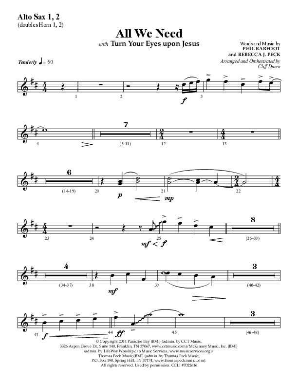 All We Need with Turn Your Eyes Upon Jesus (Choral Anthem SATB) Alto Sax 1/2 (Lifeway Choral / Arr. Cliff Duren)