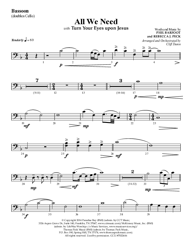 All We Need with Turn Your Eyes Upon Jesus (Choral Anthem SATB) Bassoon (Lifeway Choral / Arr. Cliff Duren)