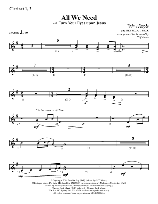 All We Need with Turn Your Eyes Upon Jesus (Choral Anthem SATB) Clarinet 1/2 (Lifeway Choral / Arr. Cliff Duren)