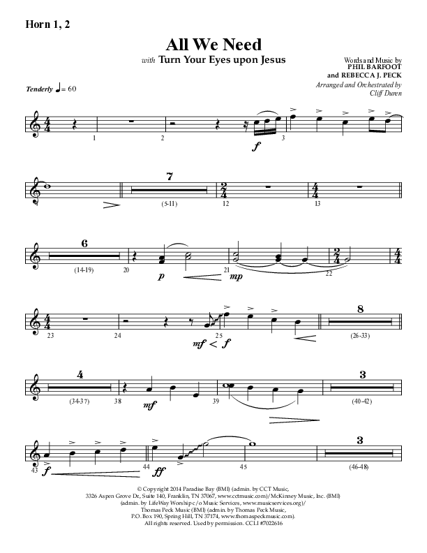 All We Need with Turn Your Eyes Upon Jesus (Choral Anthem SATB) French Horn 1/2 (Lifeway Choral / Arr. Cliff Duren)