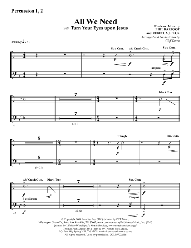 All We Need with Turn Your Eyes Upon Jesus (Choral Anthem SATB) Percussion 1/2 (Lifeway Choral / Arr. Cliff Duren)