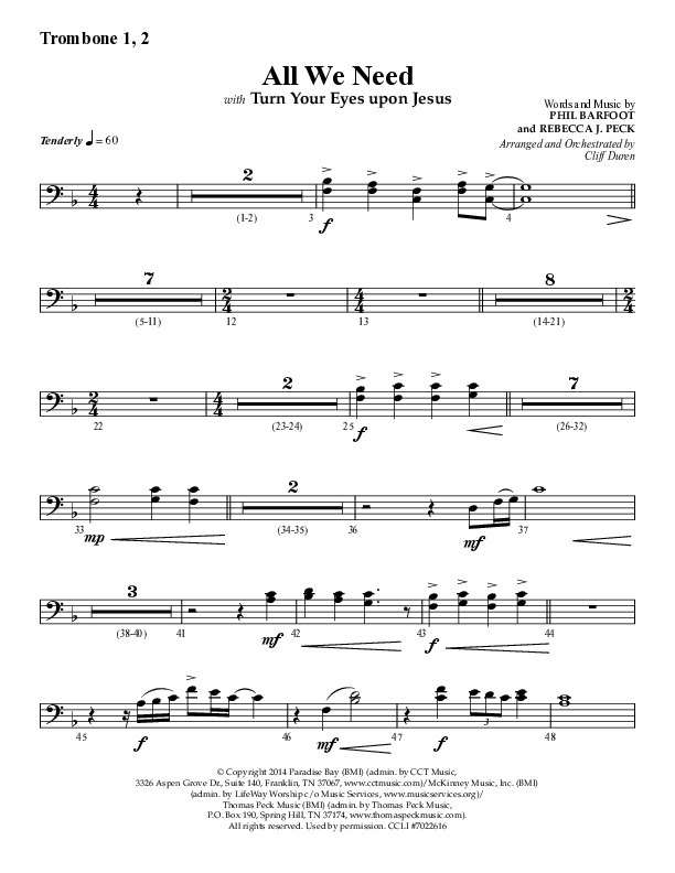 All We Need with Turn Your Eyes Upon Jesus (Choral Anthem SATB) Trombone 1/2 (Lifeway Choral / Arr. Cliff Duren)