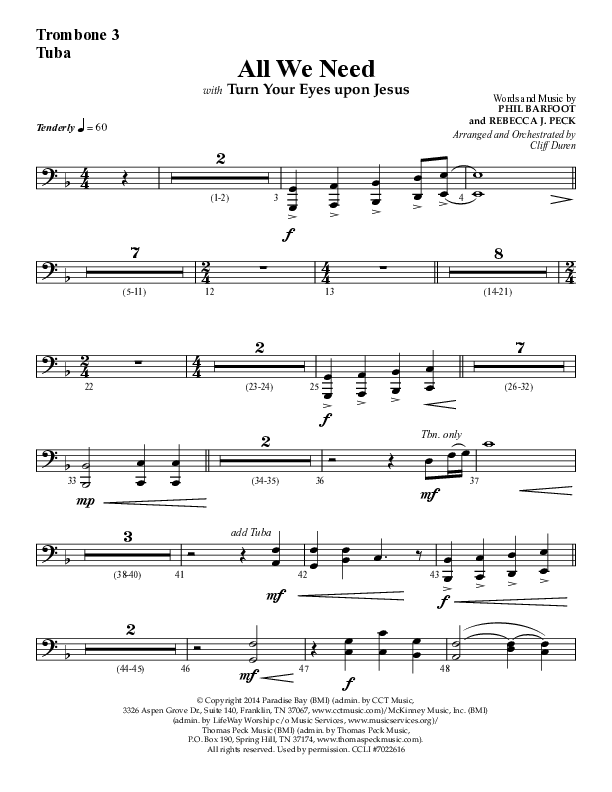 All We Need with Turn Your Eyes Upon Jesus (Choral Anthem SATB) Trombone 3/Tuba (Lifeway Choral / Arr. Cliff Duren)