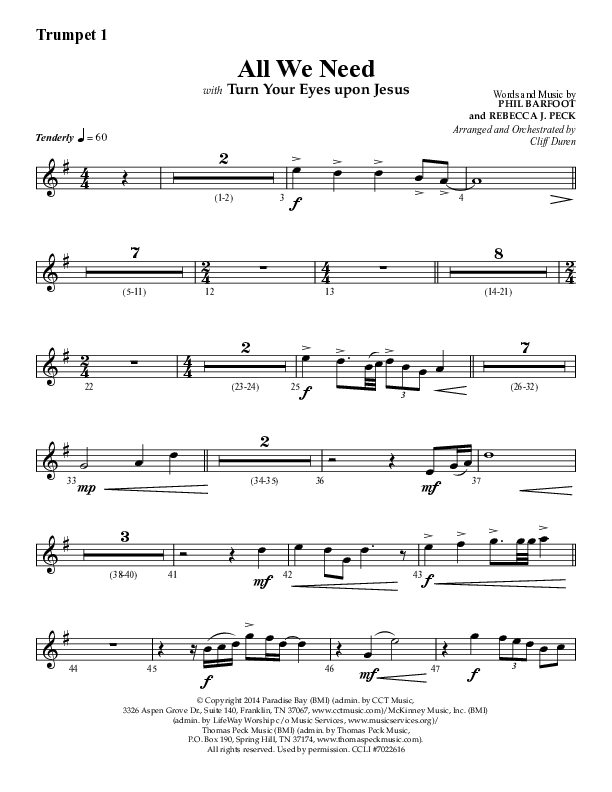 All We Need with Turn Your Eyes Upon Jesus (Choral Anthem SATB) Trumpet 1 (Lifeway Choral / Arr. Cliff Duren)