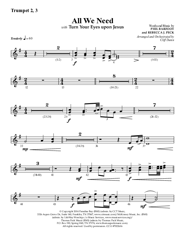 All We Need with Turn Your Eyes Upon Jesus (Choral Anthem SATB) Trumpet 2/3 (Lifeway Choral / Arr. Cliff Duren)