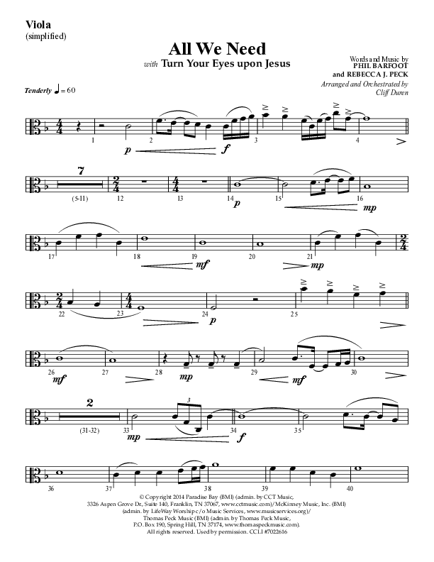 All We Need with Turn Your Eyes Upon Jesus (Choral Anthem SATB) Viola (Lifeway Choral / Arr. Cliff Duren)