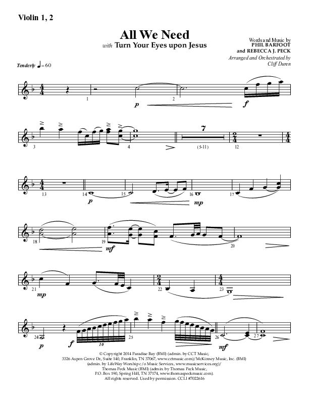 All We Need with Turn Your Eyes Upon Jesus (Choral Anthem SATB) Violin 1/2 (Lifeway Choral / Arr. Cliff Duren)