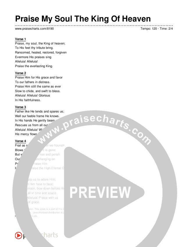 Praise My Soul The King Of Heaven Lyrics (Traditional Hymn)