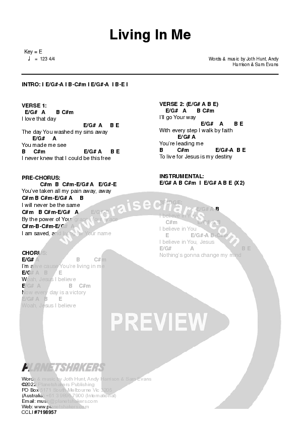 Living In Me (Live) Chord Chart (Planetshakers)