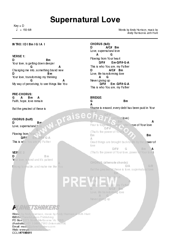 Supernatural Love (Live) Chord Chart (Planetshakers)