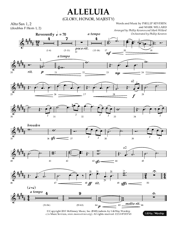 Alleluia (Glory Honor Majesty) (Choral Anthem SATB) Alto Sax 1/2 (Lifeway Choral / Arr. Phillip Keveren / Arr. Mark Willard)