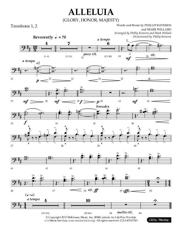 Alleluia (Glory Honor Majesty) (Choral Anthem SATB) Trombone 1/2 (Lifeway Choral / Arr. Phillip Keveren / Arr. Mark Willard)