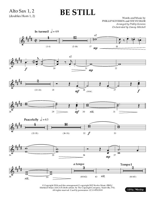Be Still (Choral Anthem SATB) Alto Sax 1/2 (Lifeway Choral / Arr. Phillip Keveren / Orch. Danny Mitchell)