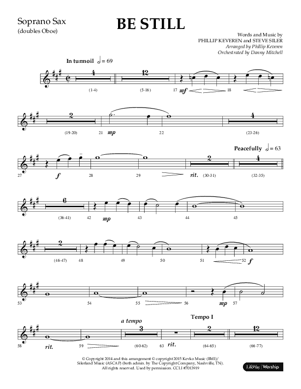 Be Still (Choral Anthem SATB) Soprano Sax (Lifeway Choral / Arr. Phillip Keveren / Orch. Danny Mitchell)