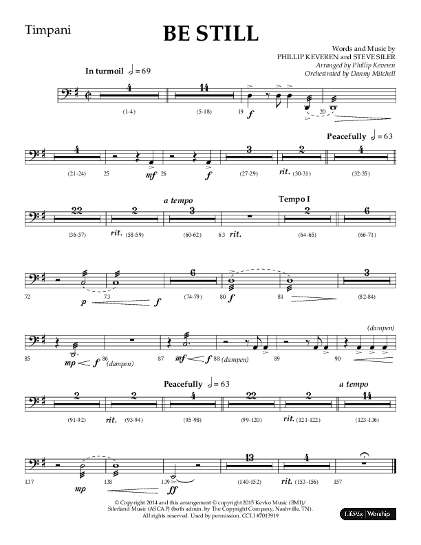 Be Still (Choral Anthem SATB) Timpani (Lifeway Choral / Arr. Phillip Keveren / Orch. Danny Mitchell)