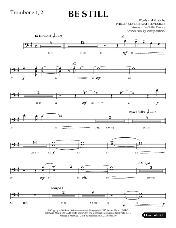 Be Still (Choral Anthem SATB) Trombone 1/2 (Lifeway Choral / Arr. Phillip Keveren / Orch. Danny Mitchell)