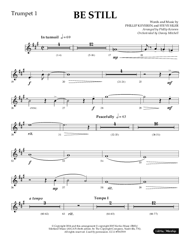 Be Still (Choral Anthem SATB) Trumpet 1 (Lifeway Choral / Arr. Phillip Keveren / Orch. Danny Mitchell)