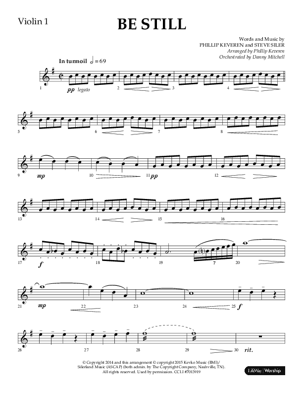 Be Still (Choral Anthem SATB) Violin 1 (Lifeway Choral / Arr. Phillip Keveren / Orch. Danny Mitchell)
