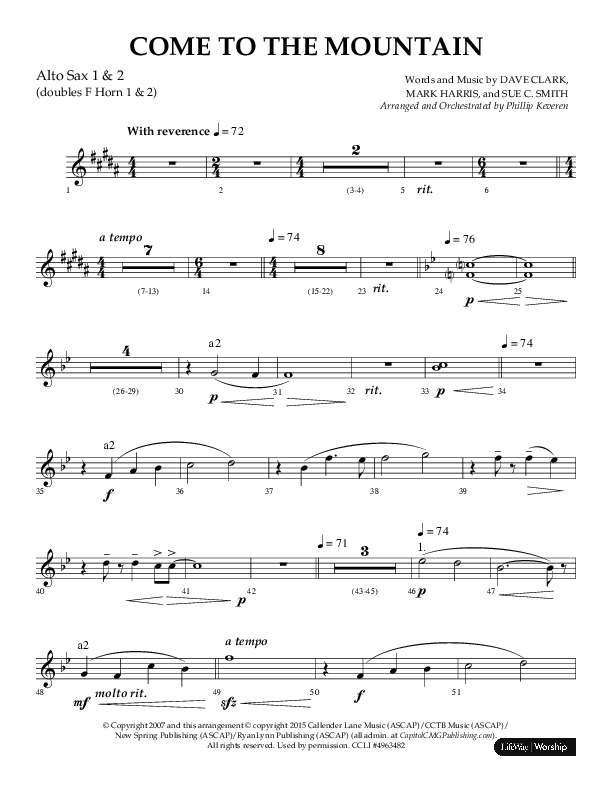Come To The Mountain (Choral Anthem SATB) Alto Sax 1/2 (Lifeway Choral / Arr. Phillip Keveren)