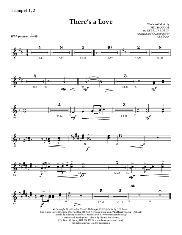 There's A Love (Choral Anthem SATB) Trumpet 1,2 (Lifeway Choral / Arr. Cliff Duren)