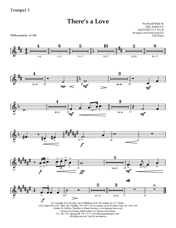 There's A Love (Choral Anthem SATB) Trumpet 3 (Lifeway Choral / Arr. Cliff Duren)
