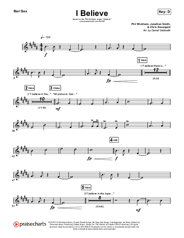 I Believe Bari Sax Sheet Music PDF (Phil Wickham) PraiseCharts