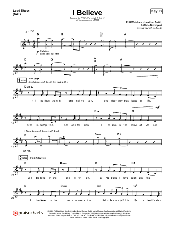 I Believe Lead Sheet (SAT) (Phil Wickham)