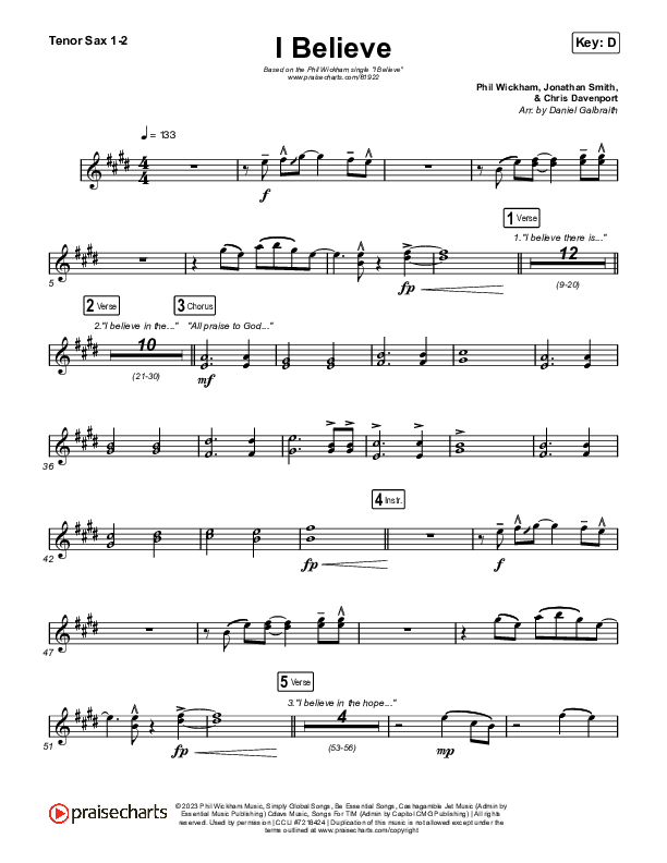 I Believe Tenor Sax 1,2 (Phil Wickham)