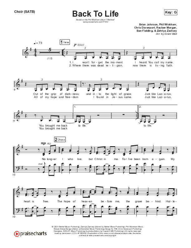Back To Life Choir Sheet (SATB) (Phil Wickham)