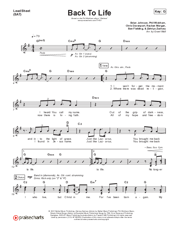 Back To Life Lead Sheet (SAT) (Phil Wickham)