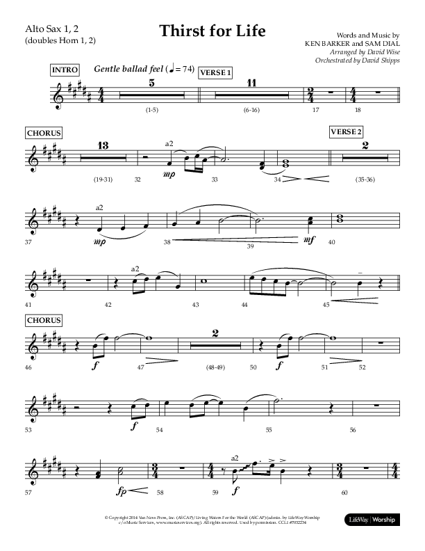 Thirst For Life (Choral Anthem SATB) Alto Sax 1/2 (Lifeway Choral / Arr. David Wise / Orch. David Shipps)